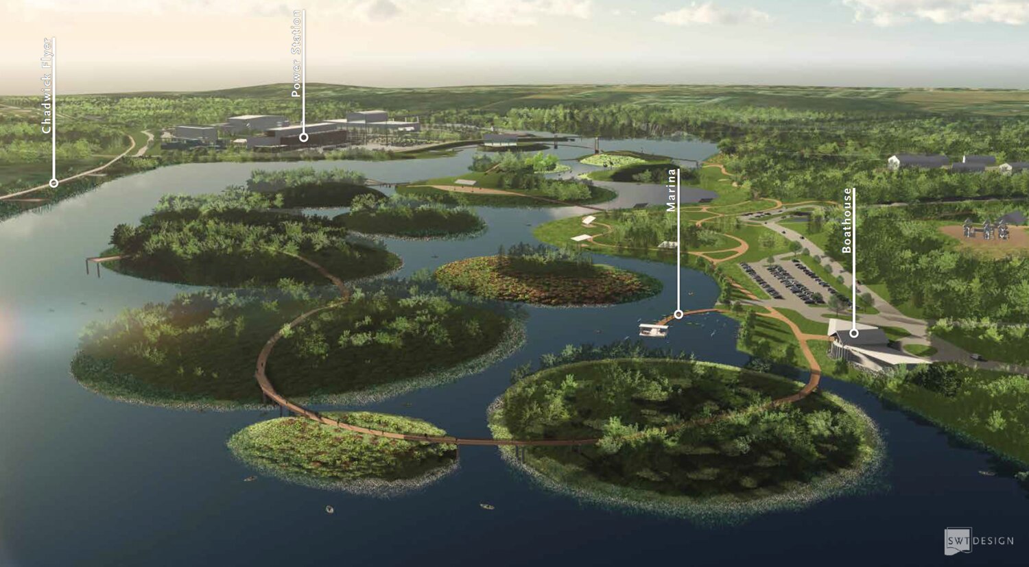 Structures called eco islands could be built by dredging parts of Lake Springfield, and these could be connected by elevated, accessible walkways.